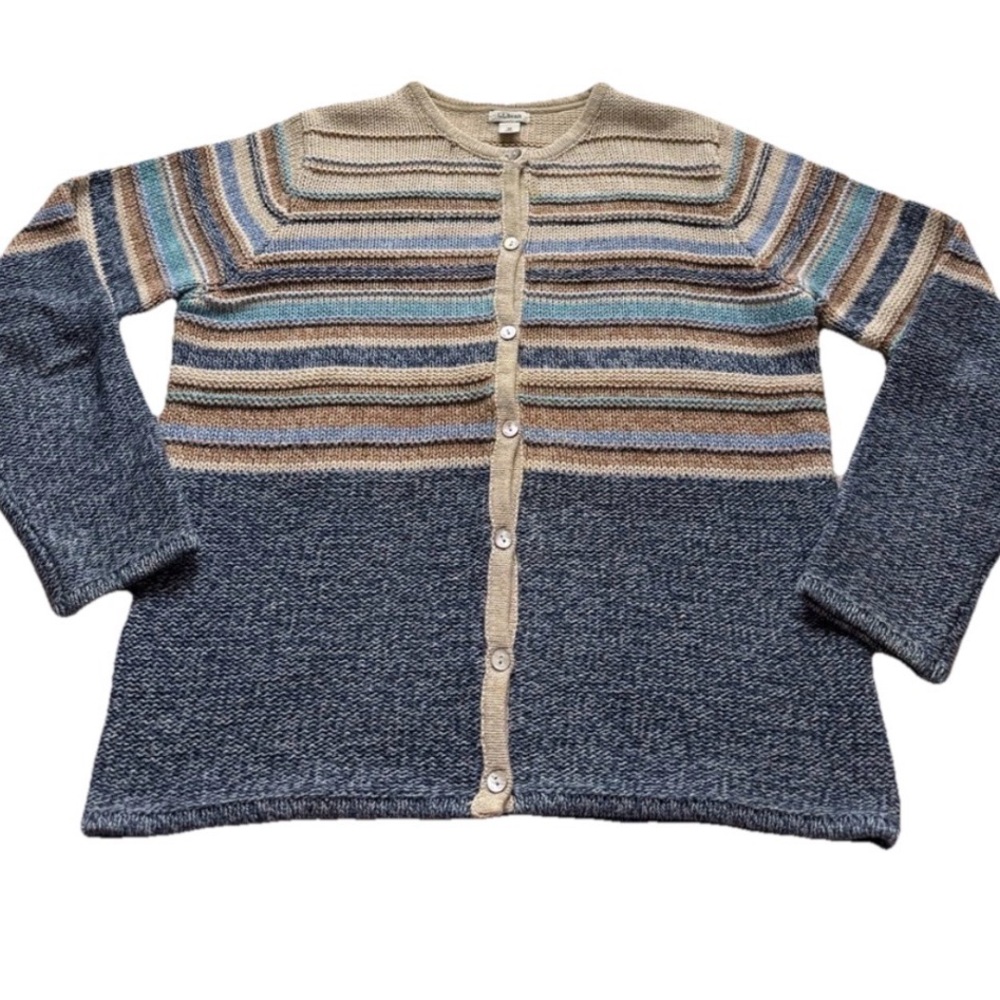 L.L. Bean Cotton Cardigan Sweater - Blue Beige Striped 3D Knit Coastal - Medium